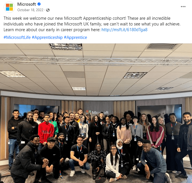 A Microsoft Facebook post sharing their content