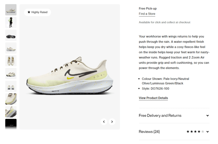 Nike running shoes product page