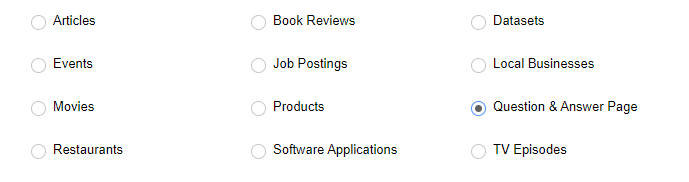 Selecting markup type in Google Structured Data Markup Helper