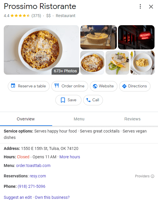 Full Google Business Profile for a pizza restaurant