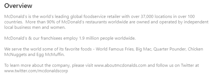 LinkedIn McDonald's about section