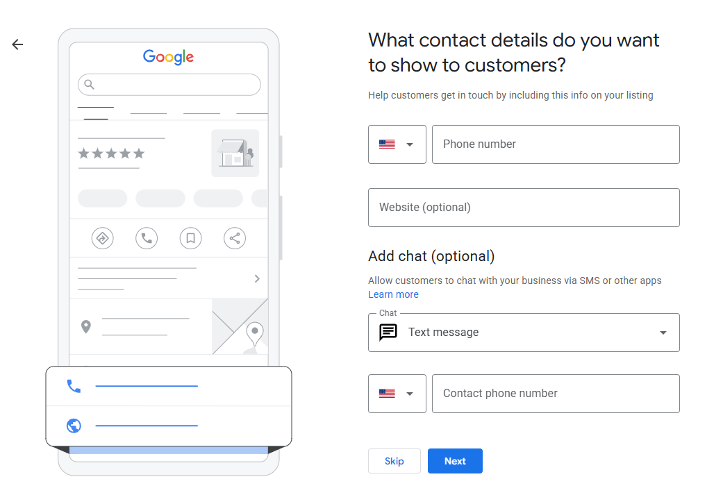 Add contact details for Google Business Profile creation