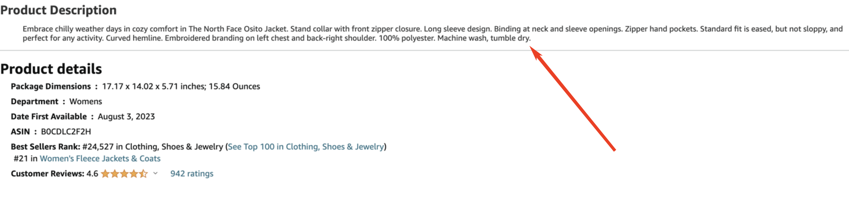 Product description section of an Amazon listing, which is right above the product details section