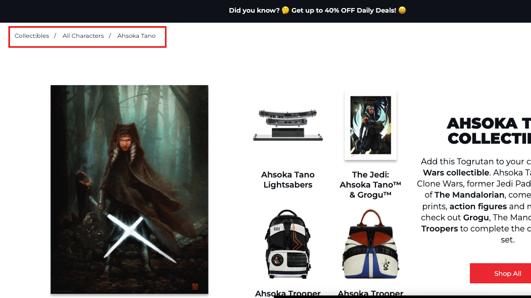 Breadcrumb navigation links at the top of a product page