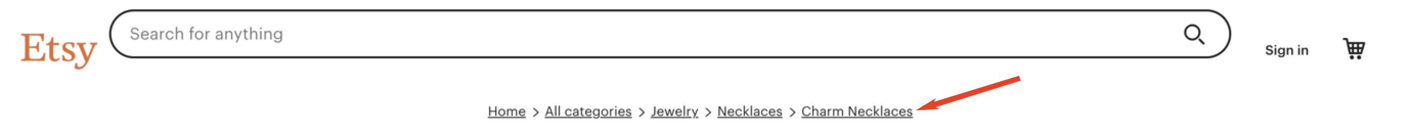 Breadcrumb navigation at the top of an Etsy page, which shows the product category