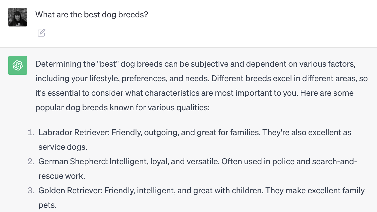 ChatGPT responde à pergunta: "Quais são as melhores raças de cães?"