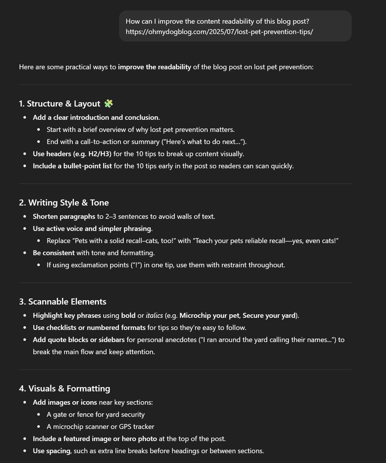 ChatGPT conversation asking it to improve the readability of a blog post