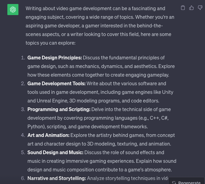 ChatGPT's content topic suggestions for video game development