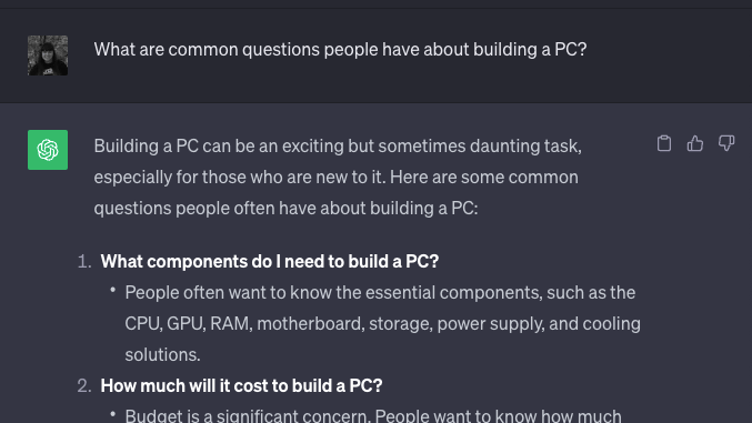 ChatGPT's list of common questions people have about building a PC