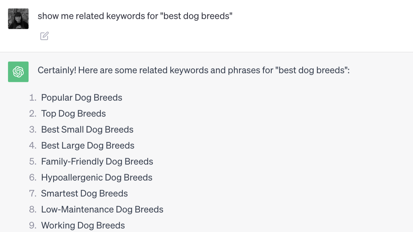 ChatGPT responde ao prompt: &quot;Mostre-me palavras-chave relacionadas a &#039;melhores raças de cães&#039;&quot;