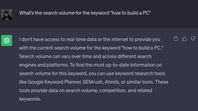 ChatGPT's answer to a query asking for keyword search volume: It suggests using keyword research tools to find data on search volume and competition