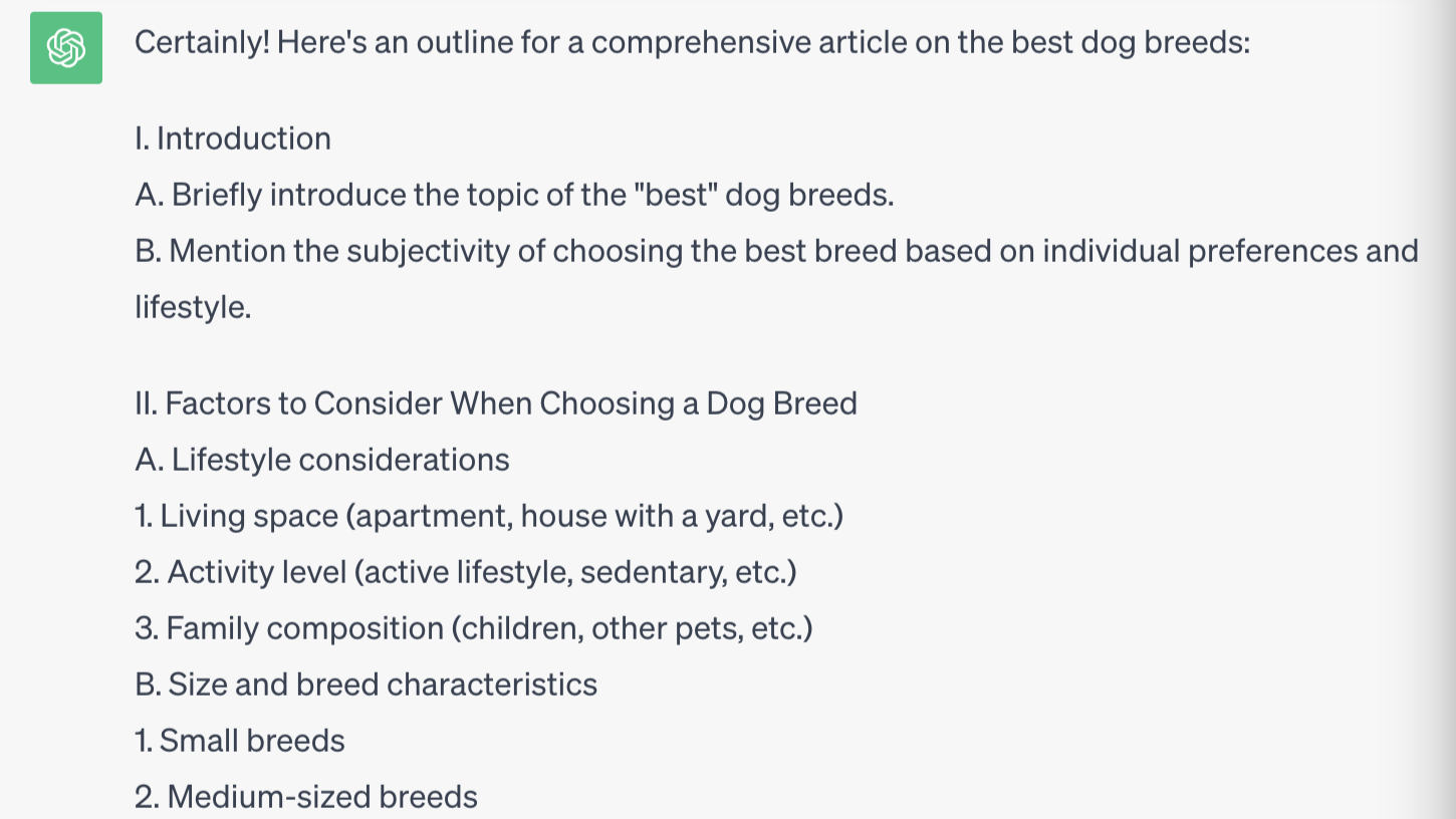 O ChatGPT fornece um esboço para um artigo abrangente sobre as melhores raças de cães