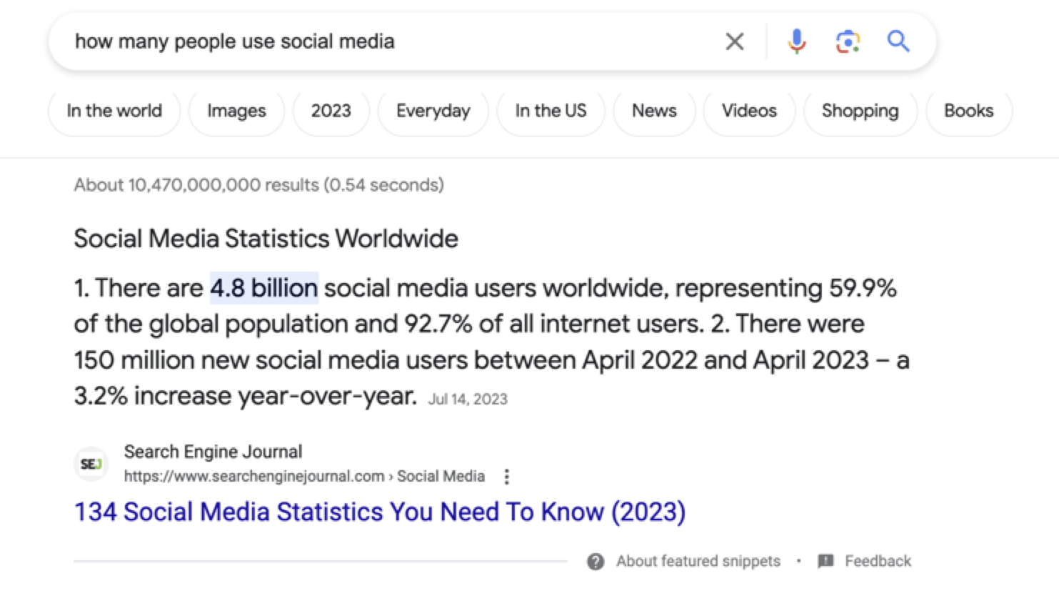 Featured snippet that answers "how many people use social media"