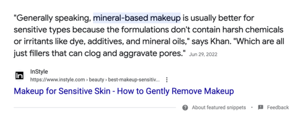 Featured snippet from InStyle about mineral-based makeup