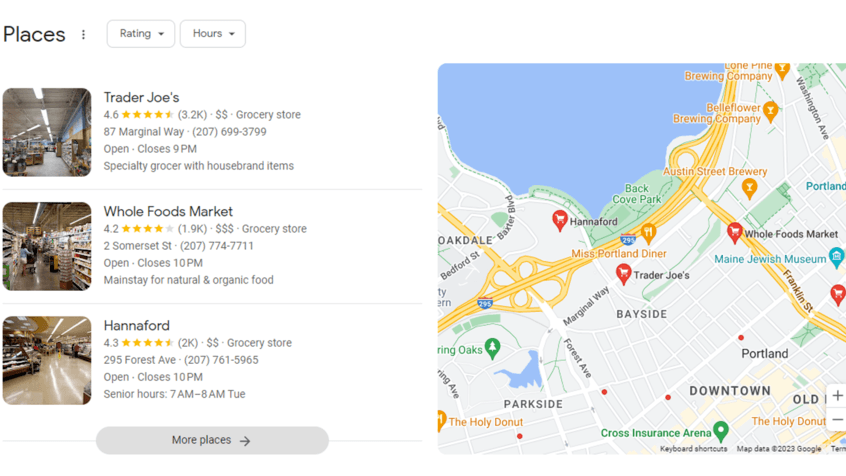 3-pack of Portland grocery stores listed alongside a map