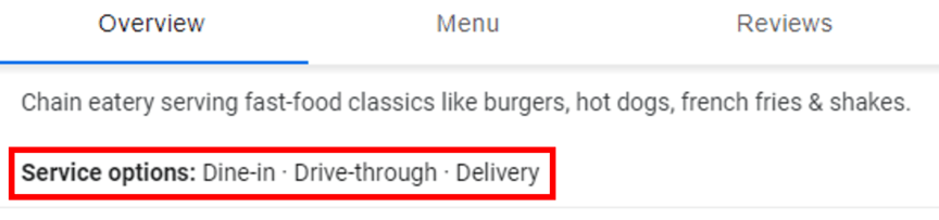 Service options listed in a restaurant's Google Business Profile