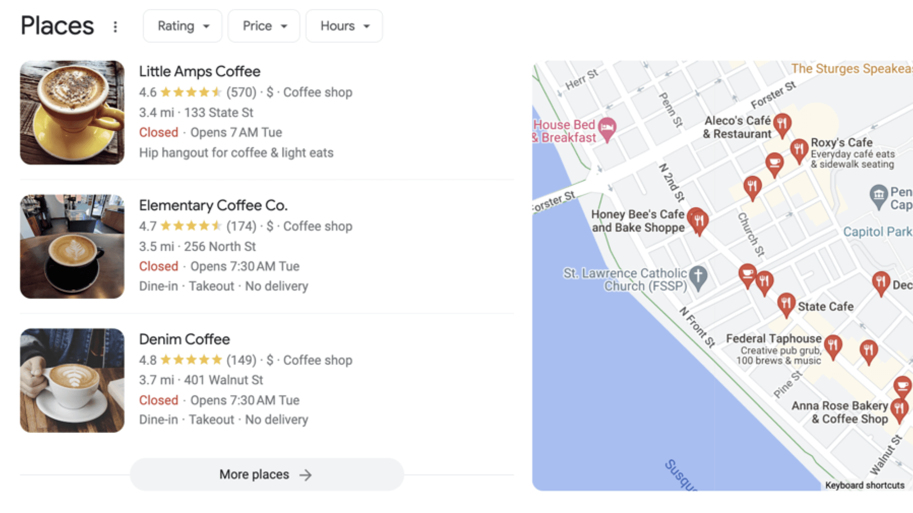 List of coffee shops next to a map showing where they are