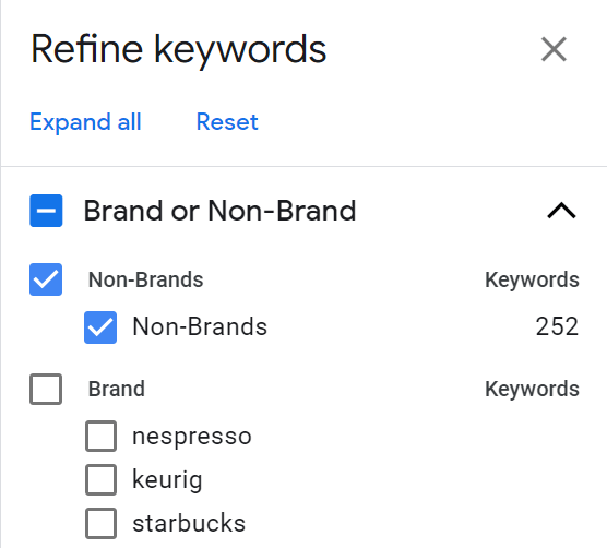 Google Keyword Planner filters