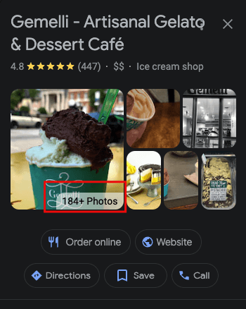 O perfil comercial do Gemelli Ice Cream Shop no Google tem mais de 184 fotos