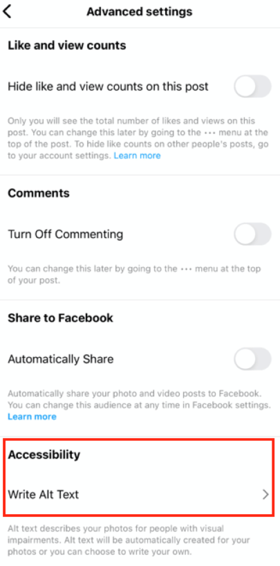 The option to write alt text is found under the "accessibility" section of Instagram's advanced settings