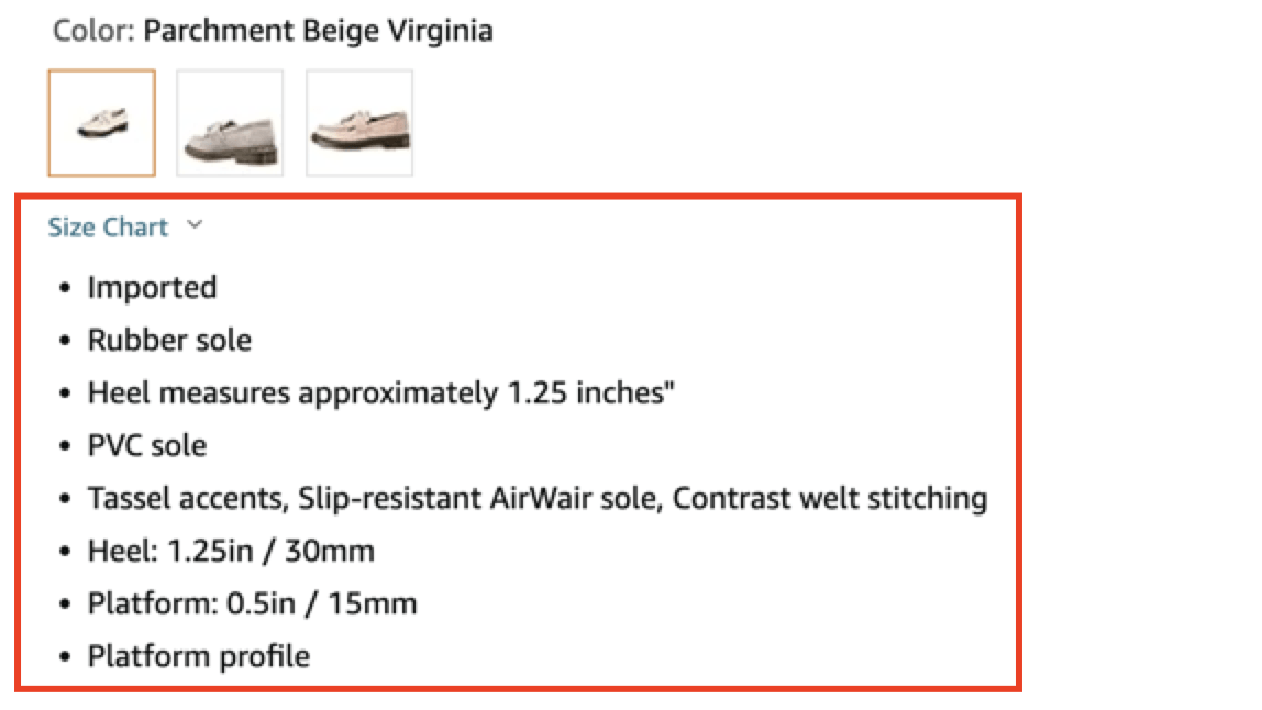 Key features list for a shoe, including features like materials and heel size