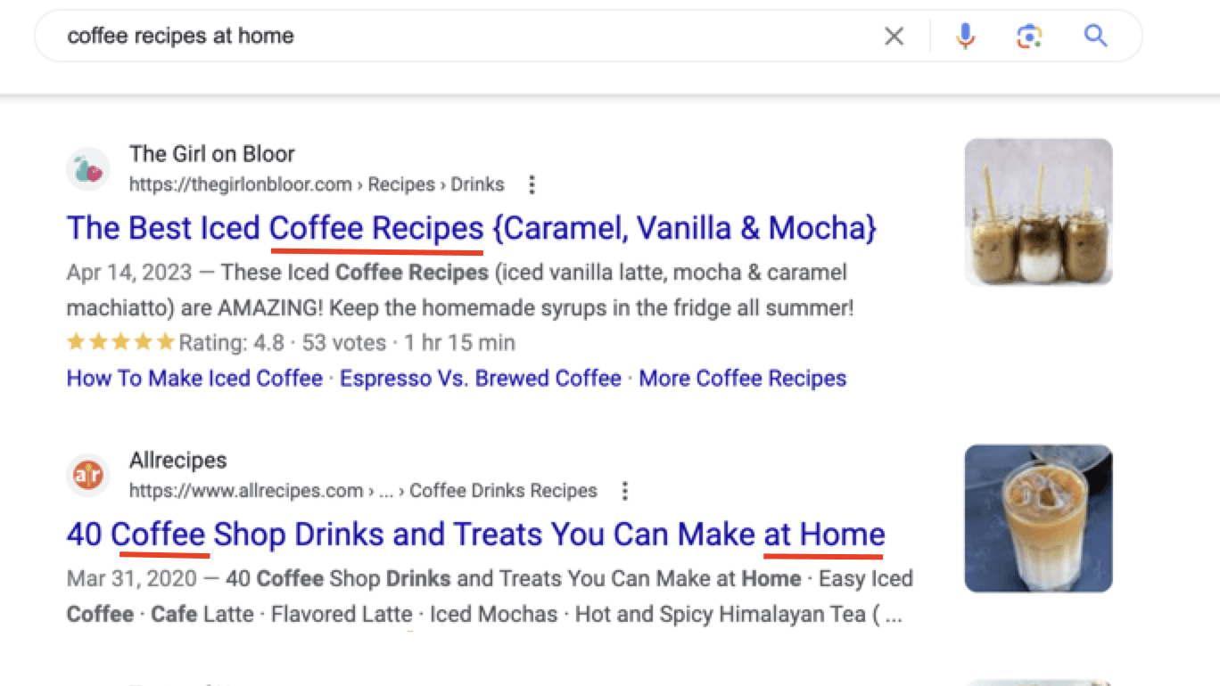 Search results for "coffee recipes at home," which include variations of the keyword in the title