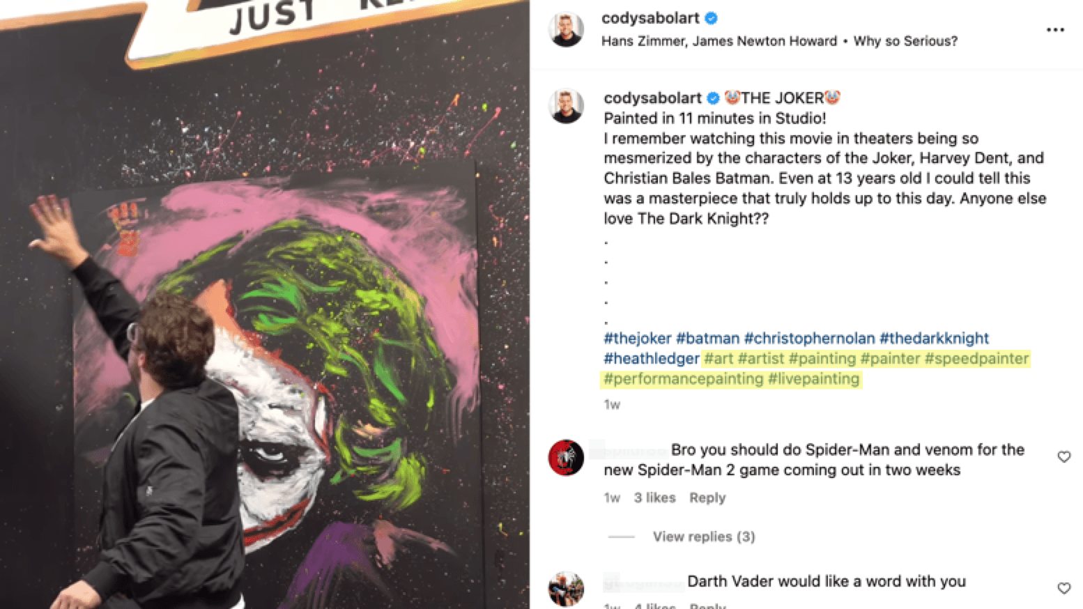 An Instagram post from artist Cody Sabol includes hashtags related to art and painting