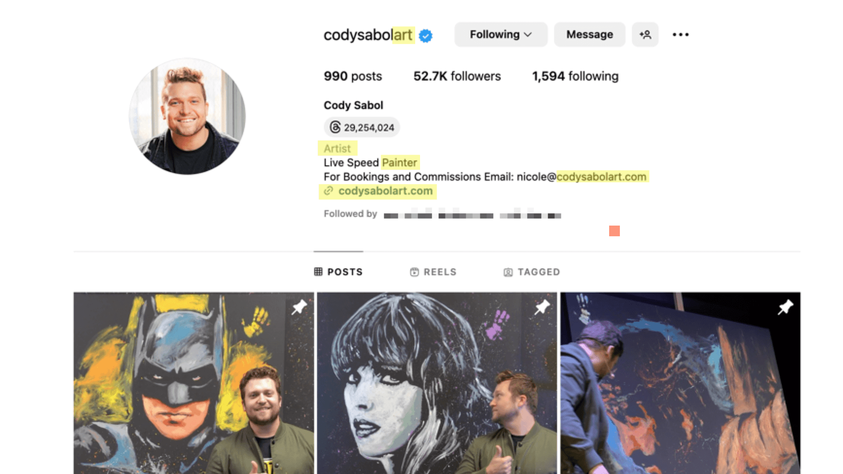 Artist Cody Sabol's Instagram profile includes the words "art," "artist," and "painter" in several places, such as the username, link, and bio