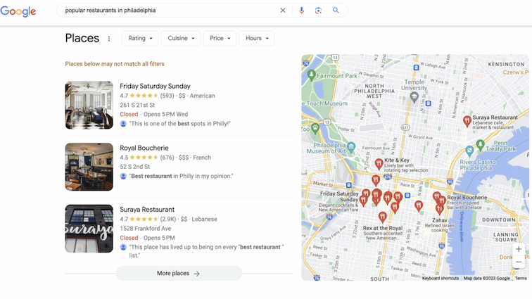 Search results for "popular restaurants in philadelphia," which lists three restaurants next to a map showing where they are