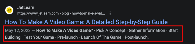 Meta description in a search result about "how to make a video game"