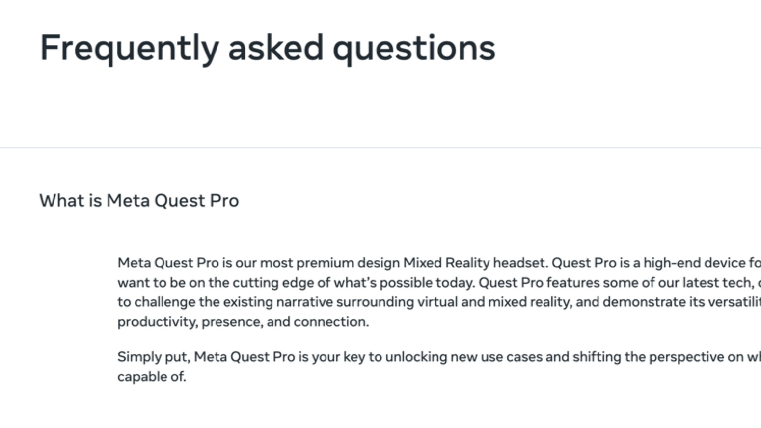 Frequently asked questions section, listing a common question and answering it