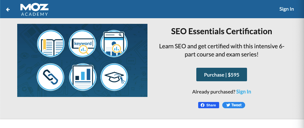 Moz SEO Essentials Certification course page