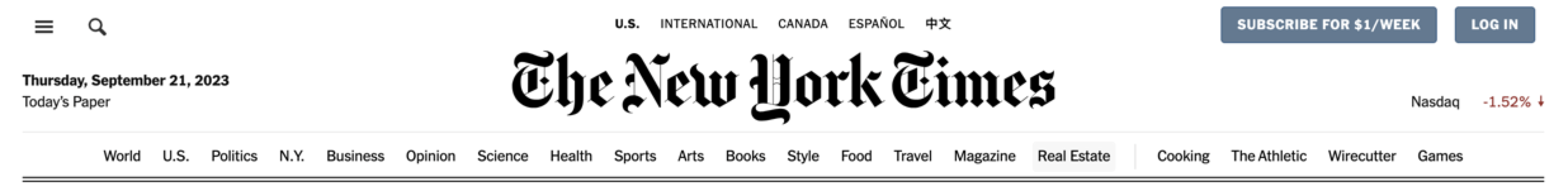 A barra de navegação do New York Times, que exibe as principais categorias