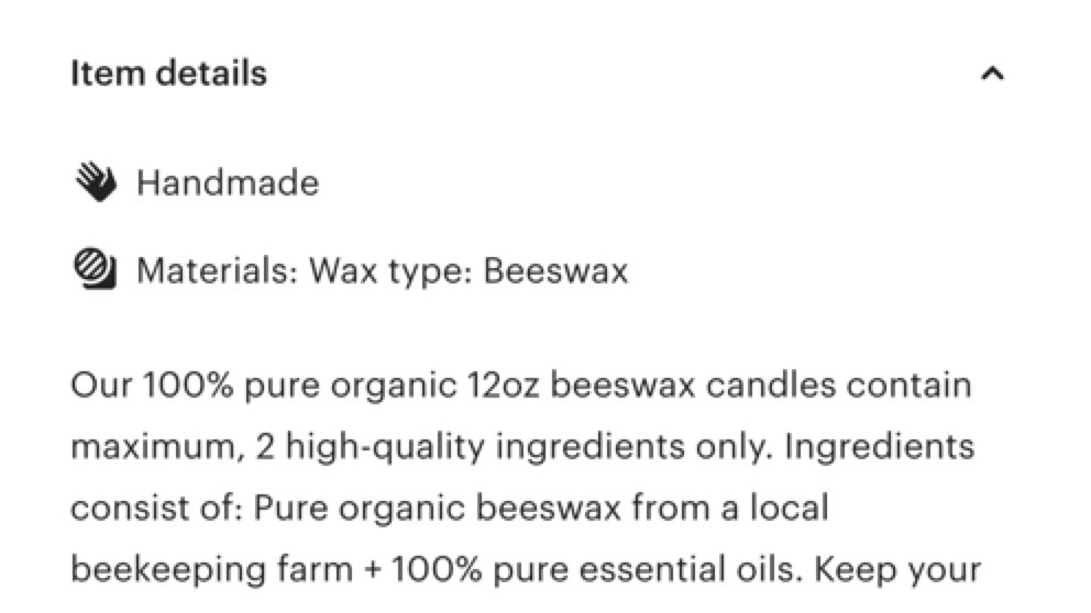 Product description for a candle, which includes the ingredients and a note that it's handmade