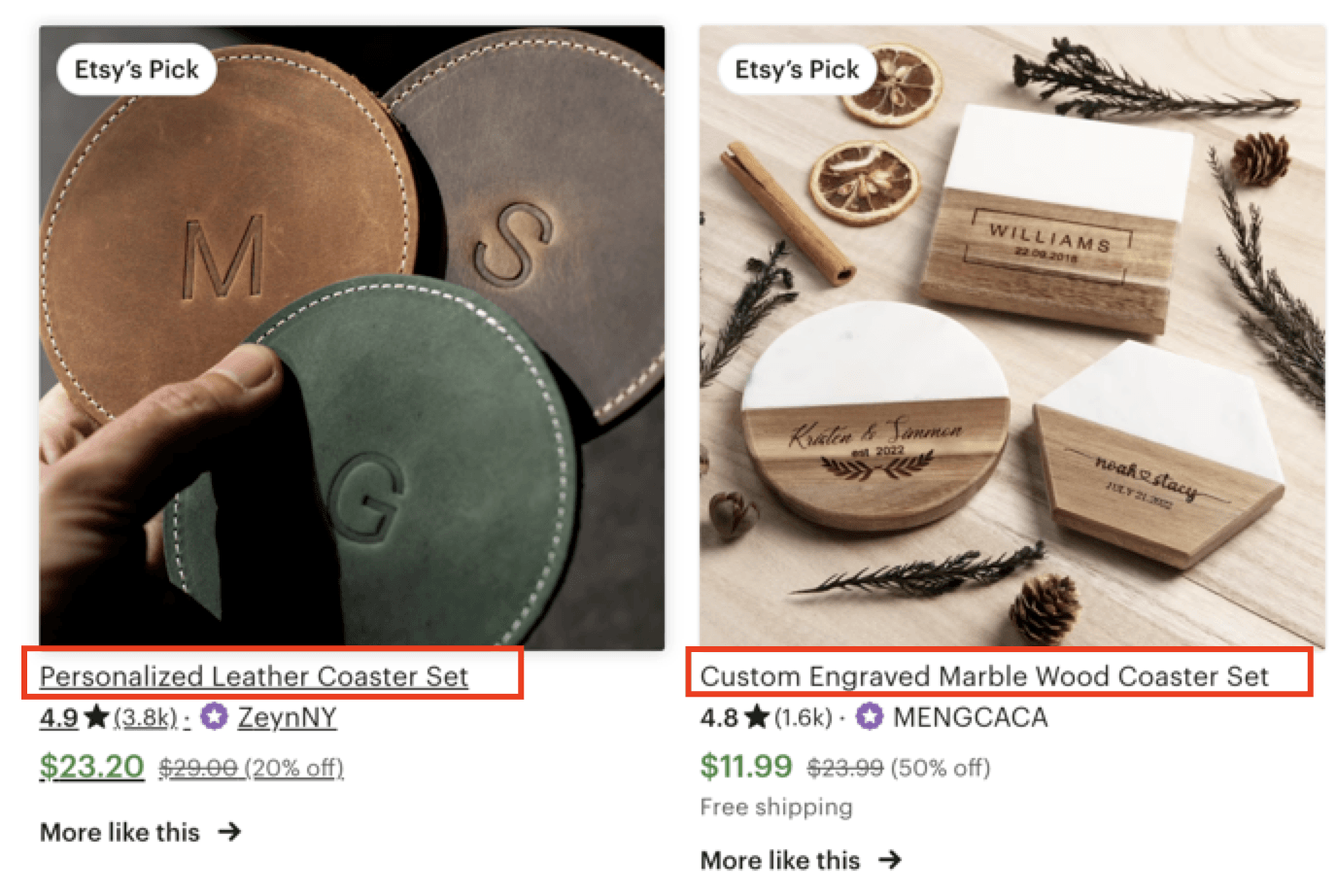 Product listings for coasters, which showcase the product title directly below the product image