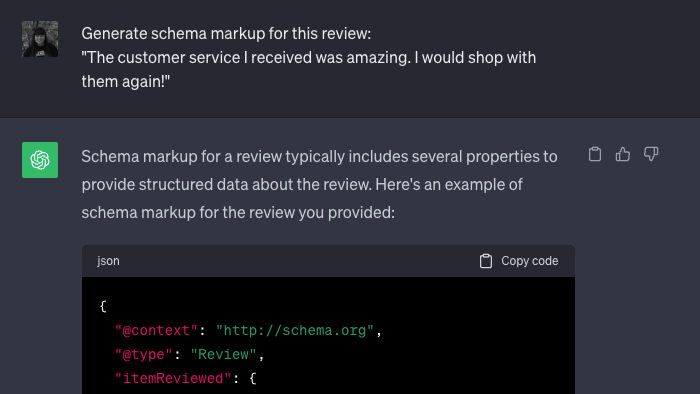 ChatGPT provides schema markup for a review