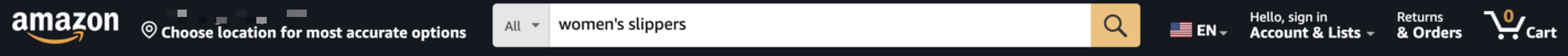 Amazon's search bar, with the search term, "women's slippers"
