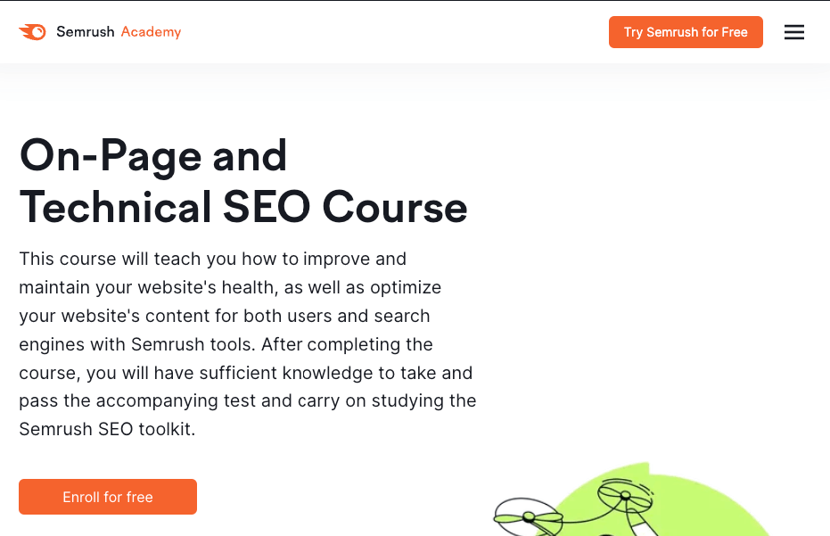 Semrush Academy "On-Page and Technical SEO Course" page