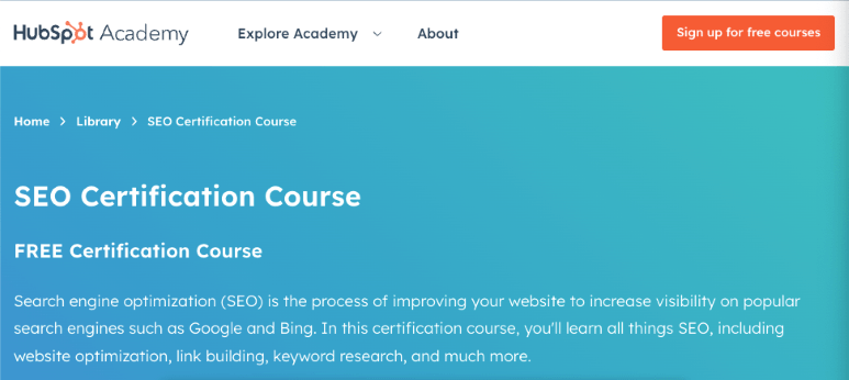 HubSpot Academy SEO Certification Course page