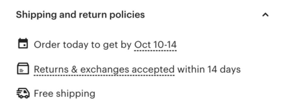 section of a product listing that shows the shipping and return policies, such as expected delivery date and whether the product is eligible for free shipping