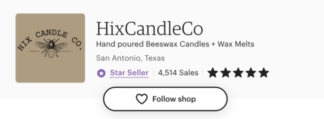 HixCandleCo shop listing, which sells candles and wax melts