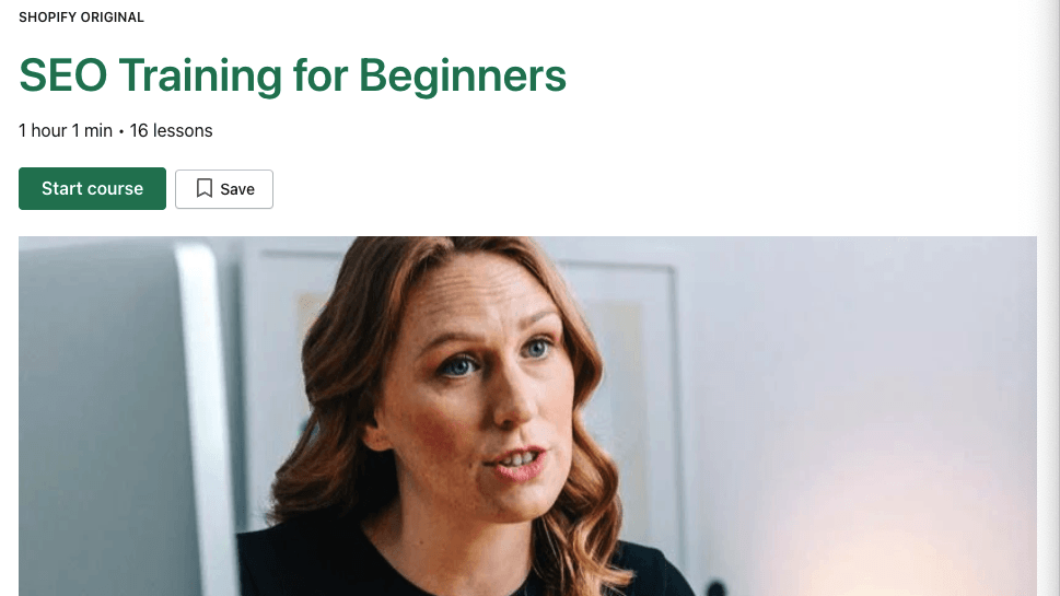 Shopify "SEO Training for Beginners" course page