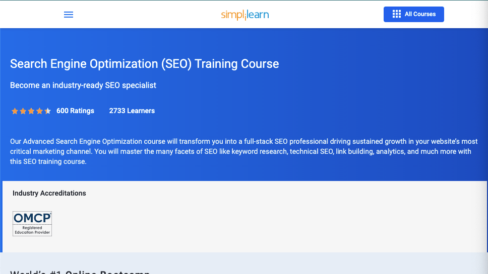 Simplilearn Search Engine Optimization (SEO) Training Course page