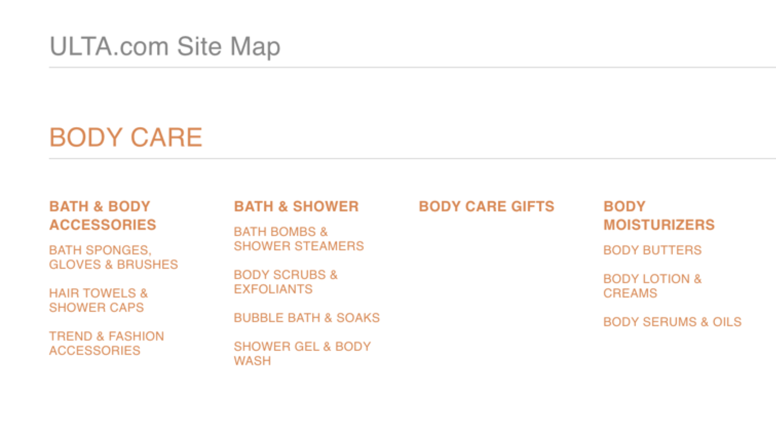 Ulta.com sitemap, listing links to various pages, organized by section