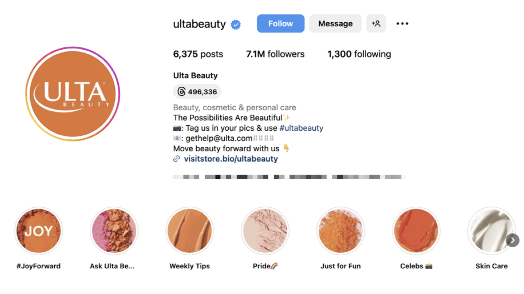 Instagram profile for Ulta, which includes a link to their website