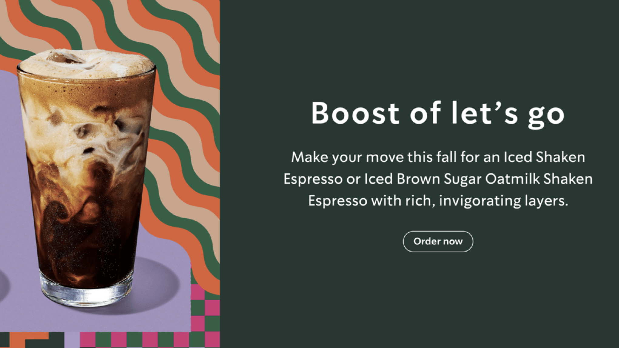 Image of a Starbucks drink with a description and CTA to the right of it