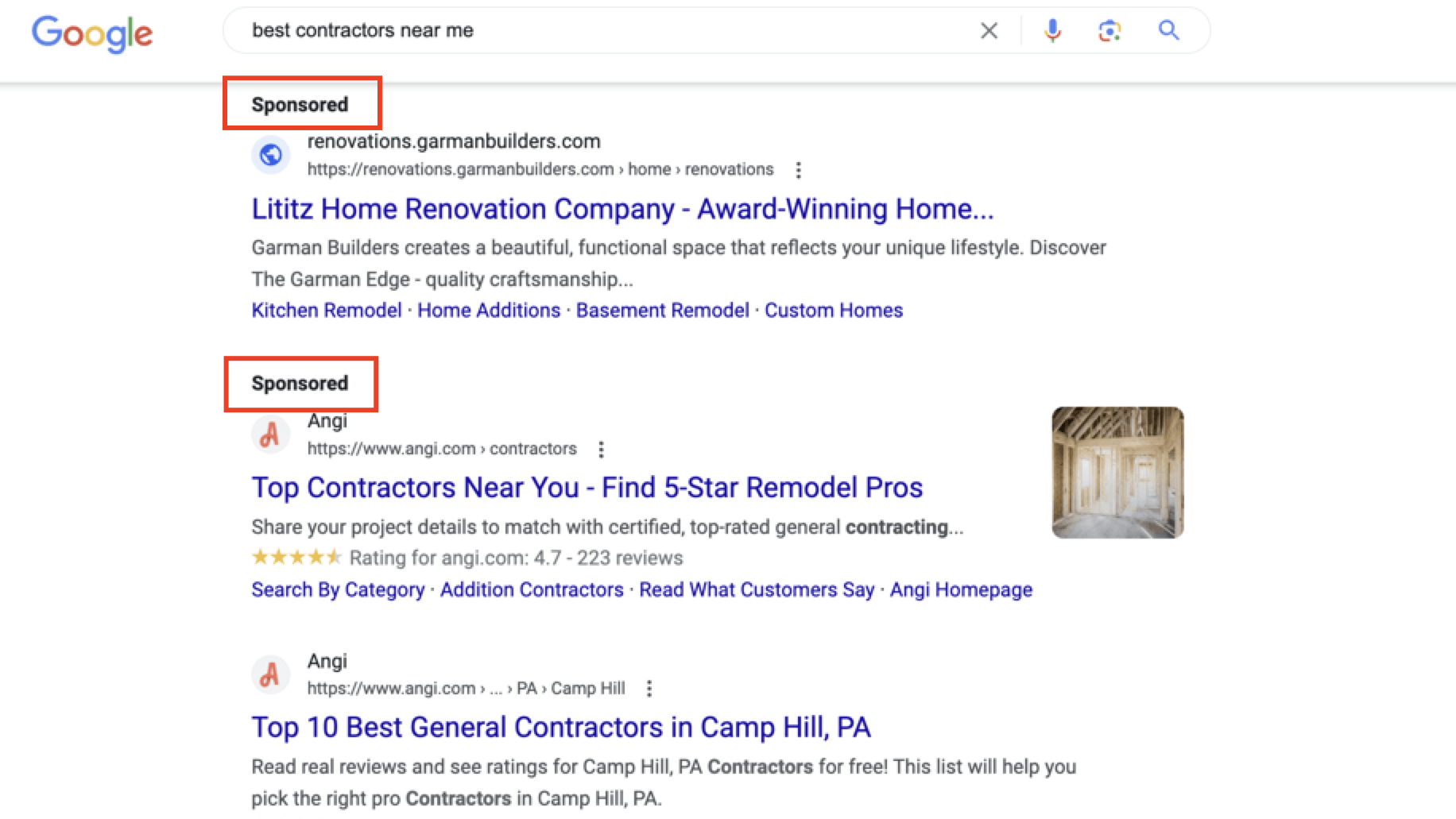 Search results for contractors that have a "Sponsored" tag above them