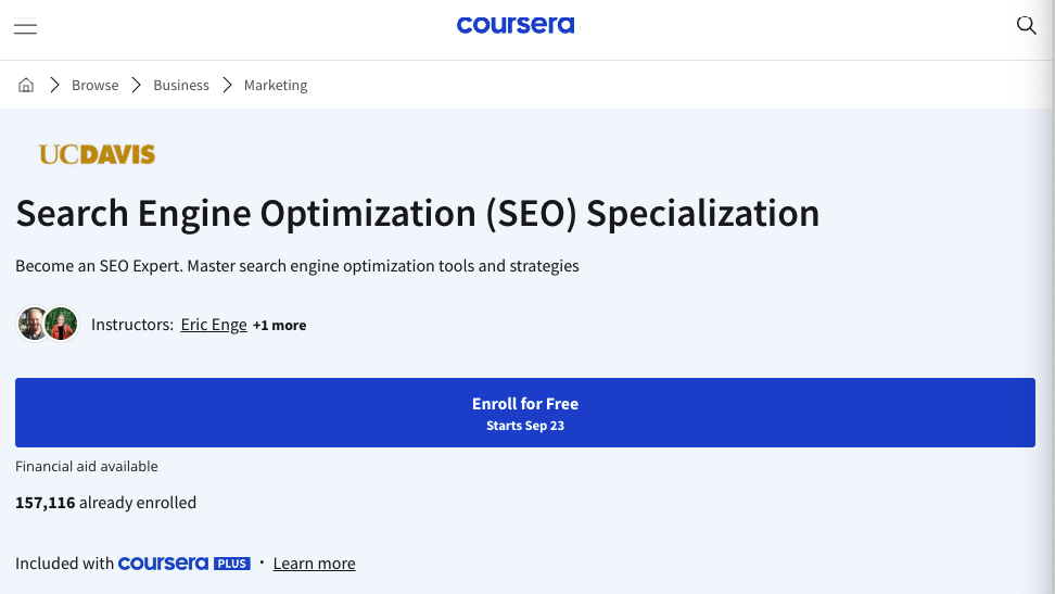 UC Davis "Search Engine Optimization (SEO) Specialization" course page on Coursera