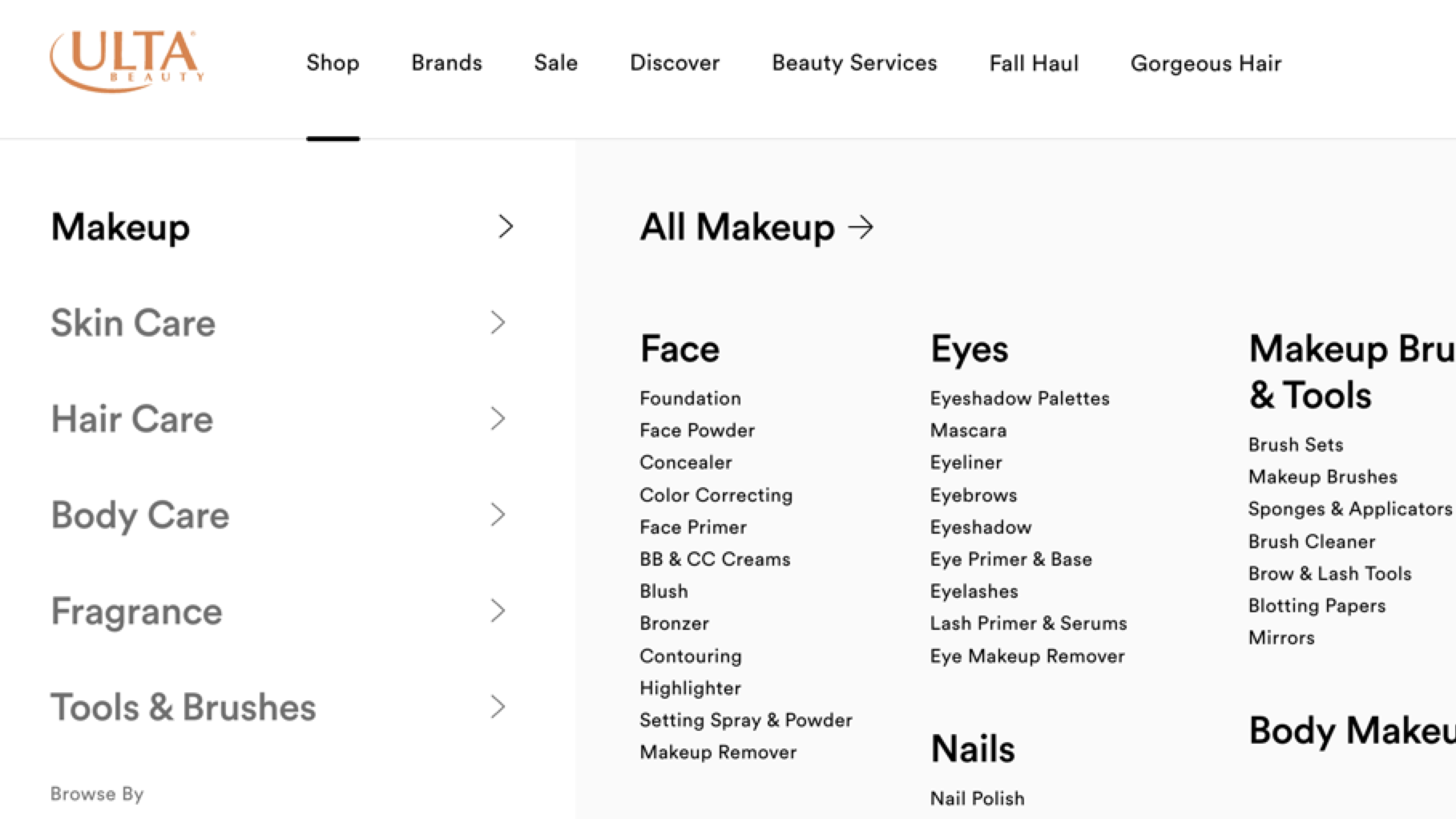Within the "Shop" category of Ulta's main navigation menu is a submenu with more detailed subcategories and links