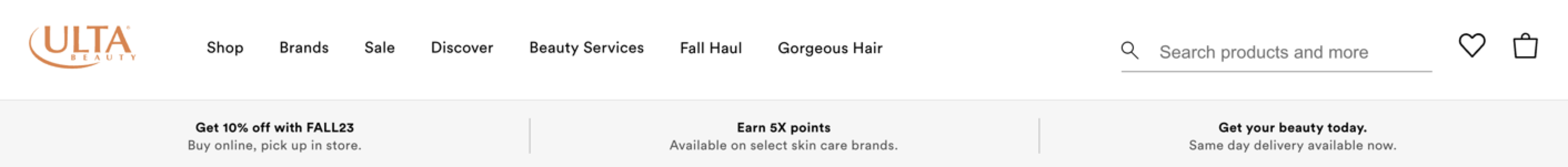 Ulta's navigation menu, including the main sections of their site and a search bar